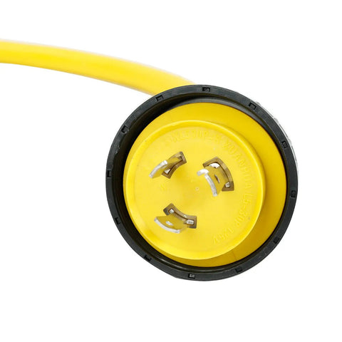 Close-up of Beefy 25 Ft 30 Amp 125V RV Power Cord Marine Grade Yellow L5-30P To L5-30R with visible plug detail