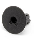 Front view of black plastic RG6 coax feed-through bushing/grommet for wall passthrough