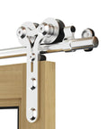Stainless Steel Sliding Barn Door Hardware Kit With 7Ft Rail For Single Door Fits 42 Inch Panel Smooth Quiet Operation 220Lb Weight Capacity Includes Track Spliced Rail Wall Hangers Rail Connector 2 Rollers 2 Door Carriers Y Shape Hangers on wood door
