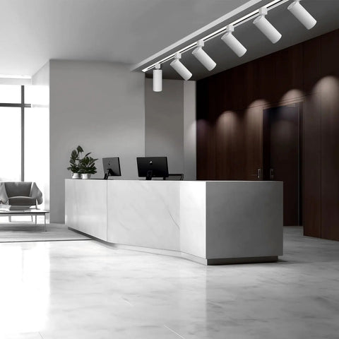 Arcfox 15W 4000K LED H Type Track Lighting Heads Dimmable installed in modern office space above white reception desk