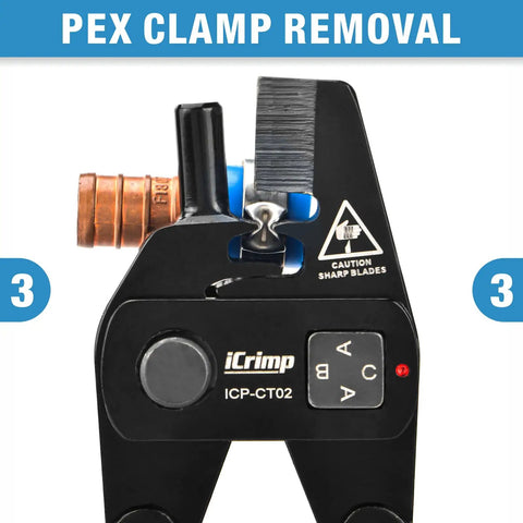 Pex Crimp Fitting Removal Tool For Removing One Half Inch Three Quarter Inch And One Inch Copper Crimp Rings And Stainless Steel Cinch Clamps ICP CT02 Compatible For Pex Plumbing Projects in close-up view showing tool mechanisms.