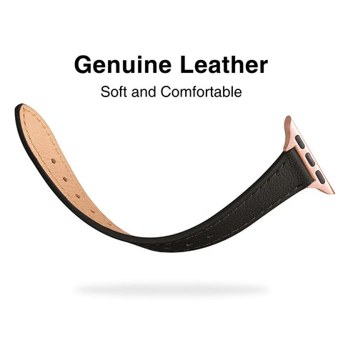 Pretty Sweet Slim Leather Band Compatible With Apple Watch For Women in black genuine leather with a rose gold clasp angle view.