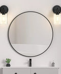 Black Wall Sconces Set Of Two With Clear Glass Shade on each side of a round mirror, 1-light design, bulbs not included