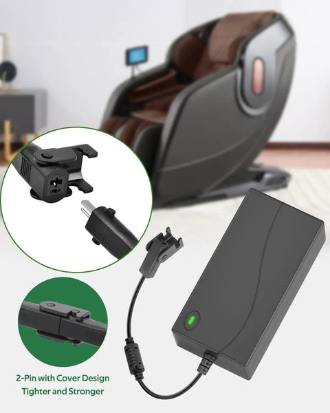 Universal Electric Recliner Power Supply Adapter For Two Pin Switching Transformer Replacement Compatible With ZBHWX W52RA73 HXY KDDY And More Models close-up with green indicator light.