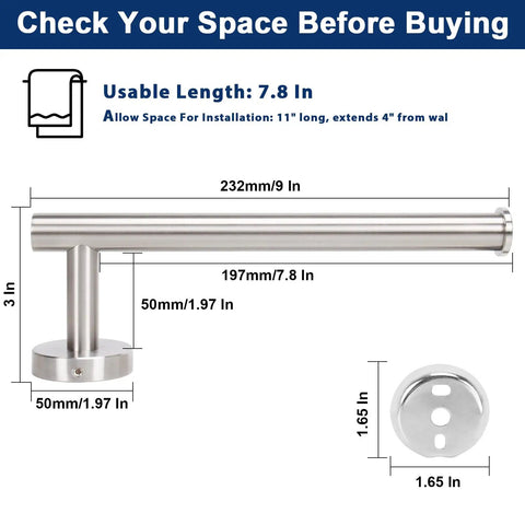 Rustproof 9 Inch Stainless Steel Towel Bar For Bathroom Wall Mounted Hand Towel Holder Ring Beefed Up Thick Design Brushed Nickel Contemporary Bath Accessory Easy Drill In Install Durable SUS304 showing dimensions and installation space.