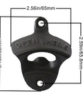 Heavy Duty Cast Iron Wall Mounted Bottle Opener For Draft Beer And Soda In Matte Black Finish Built Like A Tank Perfect Mounting Bracket For Your Garage Bar Or Home Stash Smooth Two Pack close-up with dimensions shown.