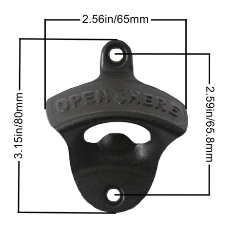 Heavy Duty Cast Iron Wall Mounted Bottle Opener For Draft Beer And Soda In Matte Black Finish Built Like A Tank Perfect Mounting Bracket For Your Garage Bar Or Home Stash Smooth Two Pack close-up with dimensions shown.