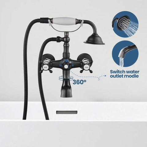 Wall Mount Bathtub Faucet With Telephone Handheld Sprayer, Dual Hot And Cold Mixer, Victorian Style Tub Filler in Bronze