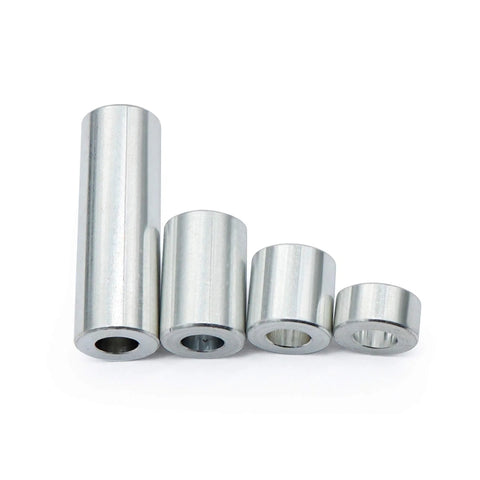Front view: five aluminum spacers, 1/2 in OD x 1/4 in ID x 1/2 in long, unthreaded standoffs