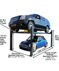 Top Shelf Four Post Vehicle Parking Lift With Massive Eight Thousand Pound Load Capacity And Heavy Duty Diamond Plate Runways, showing two cars, dimensions labeled.