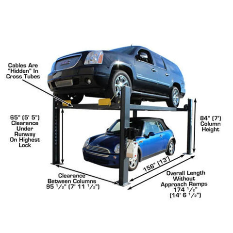 Top Shelf Four Post Vehicle Parking Lift With Massive Eight Thousand Pound Load Capacity And Heavy Duty Diamond Plate Runways, showing two cars, dimensions labeled.