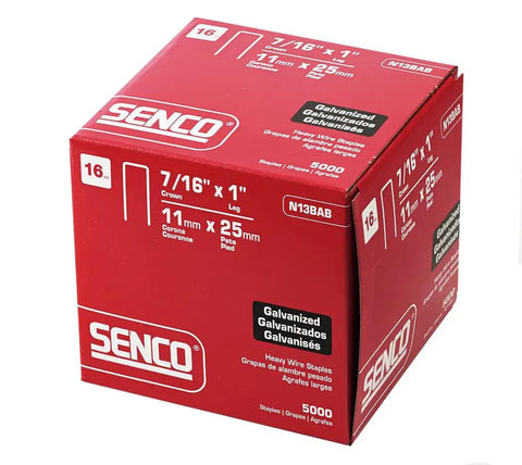 Box of 16 Gauge Staples Seven Sixteenth Inch Crown By 1 Inch Length Electro Galvanized Finish N13BAB, 5000 count
