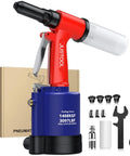 Heavy Duty Pneumatic Rivet Gun With 3097 LBF Pulling Power Air Riveter Kit With Four Nosepieces for various rivet sizes.