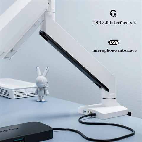 Heavy Duty Dual Monitor Mount For 17 To 32 Inch Screens with USB ports and adjustable mechanical arm for workspace.