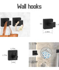 Wall hooks from 7 Piece Matte Black Bathroom Hardware Set With Wall Mounted Towel Rack And Square Towel Bar Includes Towel Holder Hand Towel Bar Toilet Paper Holder 2 Wall Hooks And 2 Robe Hooks Premium SUS304 Stainless Steel Durable Build with dimensions shown.