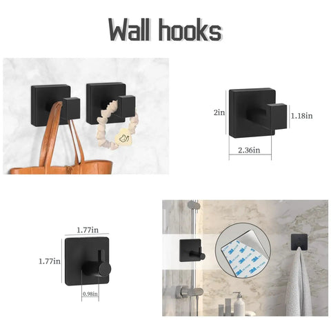 Wall hooks from 7 Piece Matte Black Bathroom Hardware Set With Wall Mounted Towel Rack And Square Towel Bar Includes Towel Holder Hand Towel Bar Toilet Paper Holder 2 Wall Hooks And 2 Robe Hooks Premium SUS304 Stainless Steel Durable Build with dimensions shown.