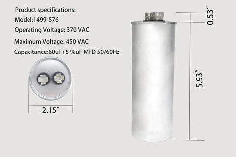 Beefed Up Run Capacitor Replacement For RV Air Conditioners 60 To 5 UF MFD 370 440 VAC 50 60 HZ 10000 AFC dimensions and specs