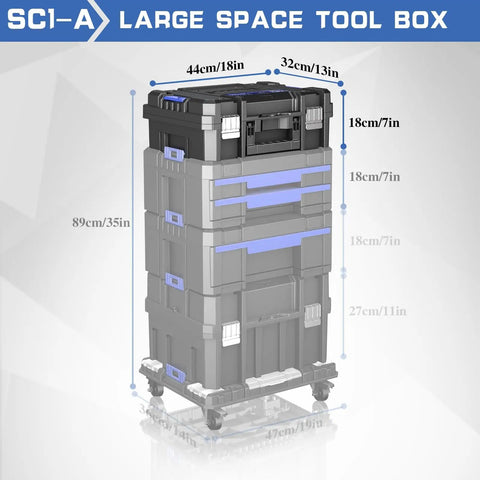 18 Inch Flat Top Tool Box With Stackable Modular System For Garage Storage And Home Repair, Portable Heavy Duty Plastic Organizer With Foldable Handles, Durable PP Construction, High Load Bearing, Pro Grade, Model SC1A, front view