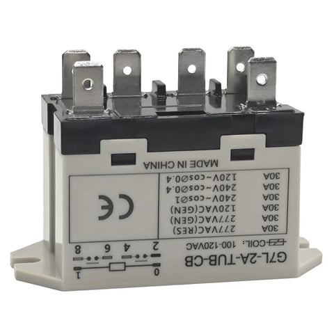 Beefy 100-120VAC Power Relay With 30A At 277VAC 6 Pin DPST Normally Open Contacts, quick connect terminals, side view.