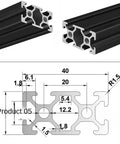 Two Pack Of Legit Tough 20X40mm Black Aluminum T Slot Extrusion Profile Rails For Custom Cnc Routers And 3D Printer Frames showing profile details and measurements.