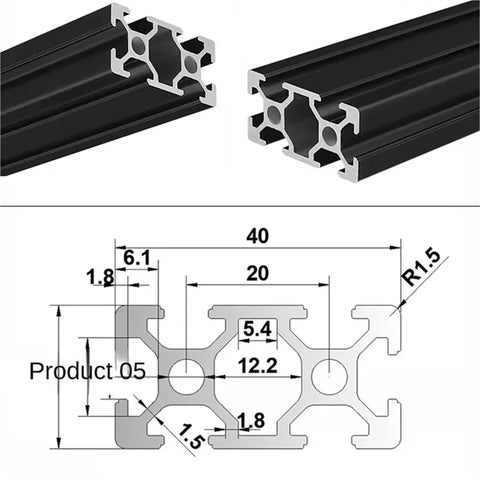 Two Pack Of Legit Tough 20X40mm Black Aluminum T Slot Extrusion Profile Rails For Custom Cnc Routers And 3D Printer Frames showing profile details and measurements.