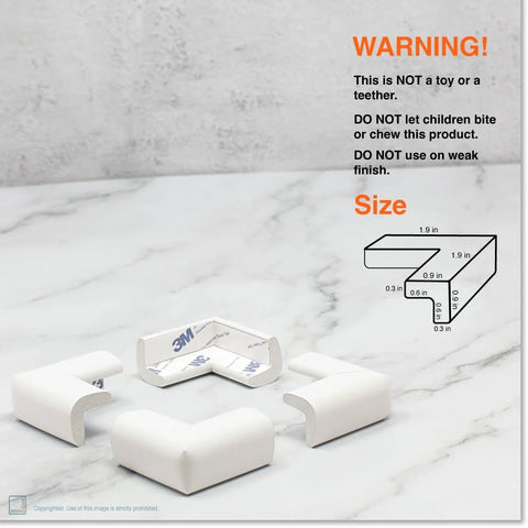 Slimfit Corner Edge Protector For Baby Proofing pieces on marble surface with warning text and product dimensions diagram