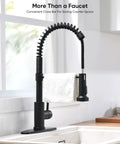 Heavy Duty Matte Black Kitchen Faucet With Smooth Operator Pull Down Sprayer And High Arc Spring Mount delivering a towel bar.
