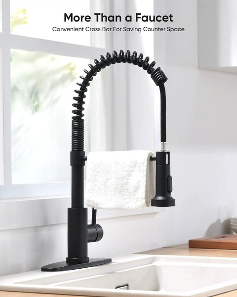 Heavy Duty Matte Black Kitchen Faucet With Smooth Operator Pull Down Sprayer And High Arc Spring Mount delivering a towel bar.