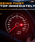 Dashboard warning light indicating engine overheating due to failing water pump, crucial for Chevy Equinox and Pontiac Torrent maintenance.