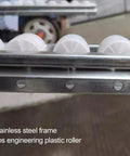 Stainless Steel Frame Roller Conveyor For Water Beverages And Cartons Light-Duty Unpowered Gravity System With Rust-Resistant Wear-Resistant Construction And Stable Load Splice Lengths Over 150 Inches, close-up