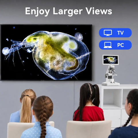 Digital Microscope With 7 Inch IPS Display Budget Friendly Wireless App Control Real Time Crystal Clear Viewing TV And PC Display Kid Friendly Classroom And Home Use Education Science Kit For Curious Students And Home Labs showing TV and PC viewing