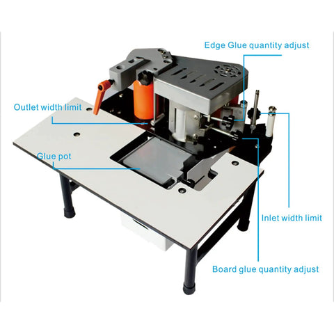 Portable Wood Edge Banding Machine With PVC Glue Pot Double Sided Gluing 1200W Manual Feed, showing glue pot and adjustments.