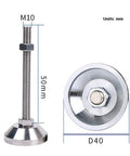 Rugged Heavy Duty Adjustable Leveling Feet M10x50mm Thread Set Of Four Quick Twist Lock close-up, carbon steel construction, mounting base.