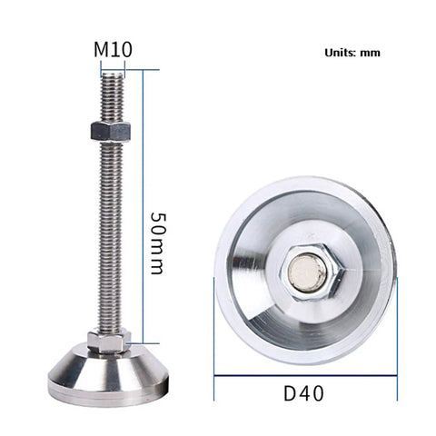 Rugged Heavy Duty Adjustable Leveling Feet M10x50mm Thread Set Of Four Quick Twist Lock close-up, carbon steel construction, mounting base.