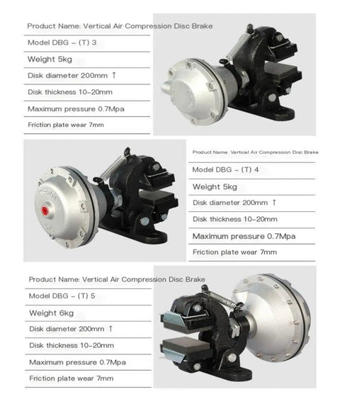 Vertical Air Compressor Disc Brake Caliper Type Pneumatic Brake System with specifications displayed beside products.