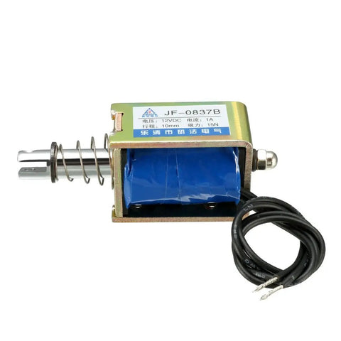 12V DC Solenoid Electromagnet Push Pull Open Frame Linear Motion Actuator 15N Force, 10mm Stroke, Spring Return, open-frame solenoid with wire lead