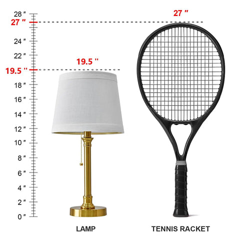 Modern Gold Brass Table Lamp Set Of 2 For Bedroom And Living Room With White Drum Shade 19.5 Inch next to tennis racket for size