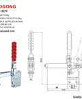 Welding Toggle Clamp Hold Down Bench Clamp With Quick Release Lever, red handle, iron construction, technical drawing