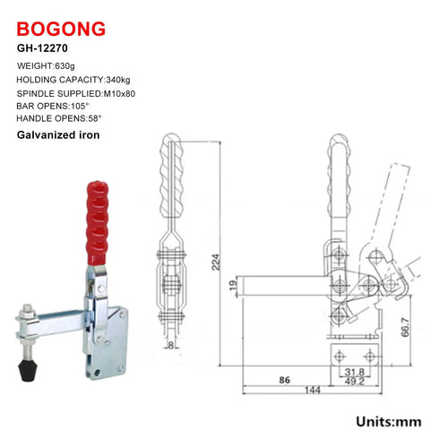 Welding Toggle Clamp Hold Down Bench Clamp With Quick Release Lever, red handle, iron construction, technical drawing
