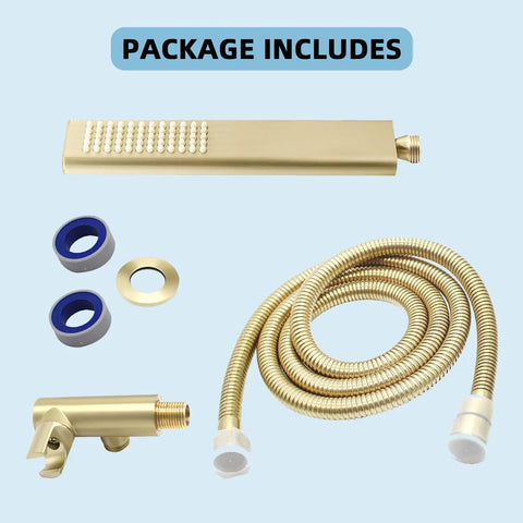 Brass High Pressure Handheld Shower Head Set in Brushed Gold with wall connector, hose, and accessories.