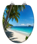 Elongated Palms tropical beach Toilet Seat with a vibrant beach scene, featuring palm trees and turquoise water.