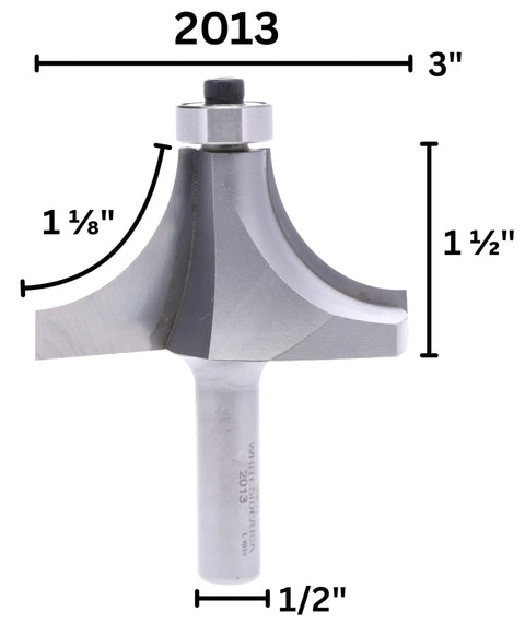 Roundover Router Bit With Ball Bearing For Smooth Edge Profiles, Industrial Quality 2013 Roundover Bit For DIYers, dimensions shown
