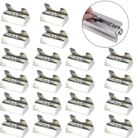 Get Your 20 Pack M8 Shrapnel Nuts For Aluminum Profile Extrusions, 20 carbon steel sliding nuts arranged in rows.