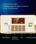 Close-up of a digital keypad on a Fireproof And Waterproof Password Safe Box With Alarm System, featuring main keyhole, LCD, and emergency keyhole.