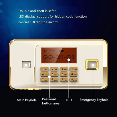 Close-up of a digital keypad on a Fireproof And Waterproof Password Safe Box With Alarm System, featuring main keyhole, LCD, and emergency keyhole.