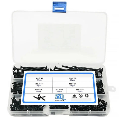 220 Piece Dang Tough Carbon Steel Phillips Pan Head Wood Screws Assortment Kit in storage case with size details.