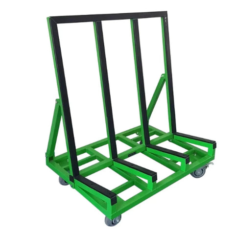 Premium Folding Glass Transport Cart And Heavy Duty Door Window Material Trolley with a sturdy green and black steel frame for heavy loads.