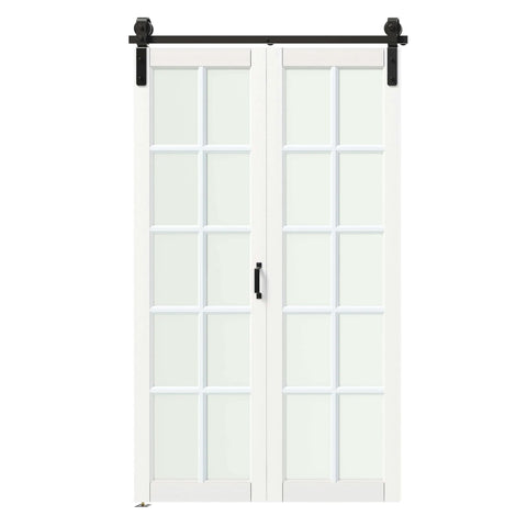 Bi-Fold Barn Door Kit 42 By 84 Inches With 10-Lite Tempered Frosted Glass Panels And Sliding Hardware For Two Doors White MDF Closet Slab 3.83 Foot Track Space Saving Modern Home Upgrade