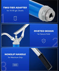 Orion Motor Tech two-tier adapter for 15–55 gal drums on blue barrel pump end with threaded fittings.
Orion Motor Tech lever-action pump head with riveted design for secure hold and chrome lever.
Orion Motor Tech non-slip black handle with textured grip for maximum control.