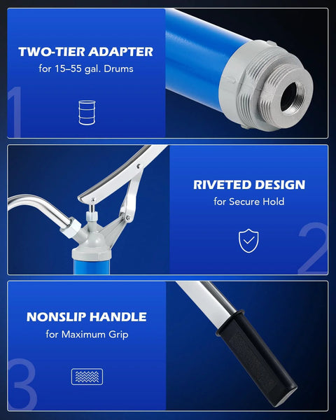 Orion Motor Tech two-tier adapter for 15–55 gal drums on blue barrel pump end with threaded fittings.
Orion Motor Tech lever-action pump head with riveted design for secure hold and chrome lever.
Orion Motor Tech non-slip black handle with textured grip for maximum control.